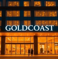 Торговый центр Gold Coast Mall в Нячанге — фасад здания с подсветкой и витринами магазинов