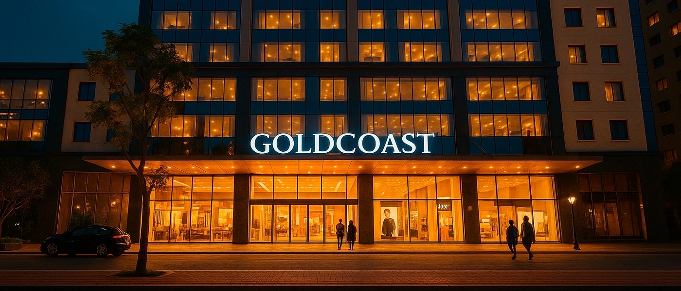 Gold Coast Mall Nha Trang — главный вход торгового центра Торговый центр Gold Coast Mall в Нячанге — фасад здания с подсветкой и витринами магазинов