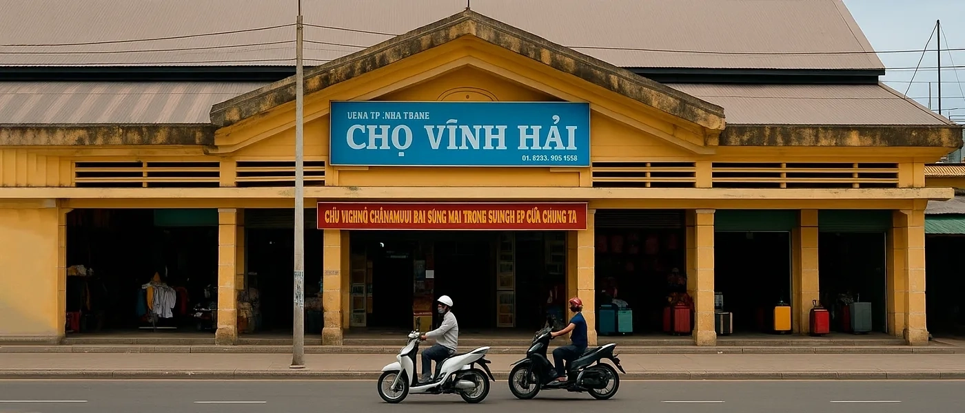 Фасад рынка Cho Vinh Hai в Нячанге, Вьетнам — желтое здание с синим знаком и проезжающими мопедами