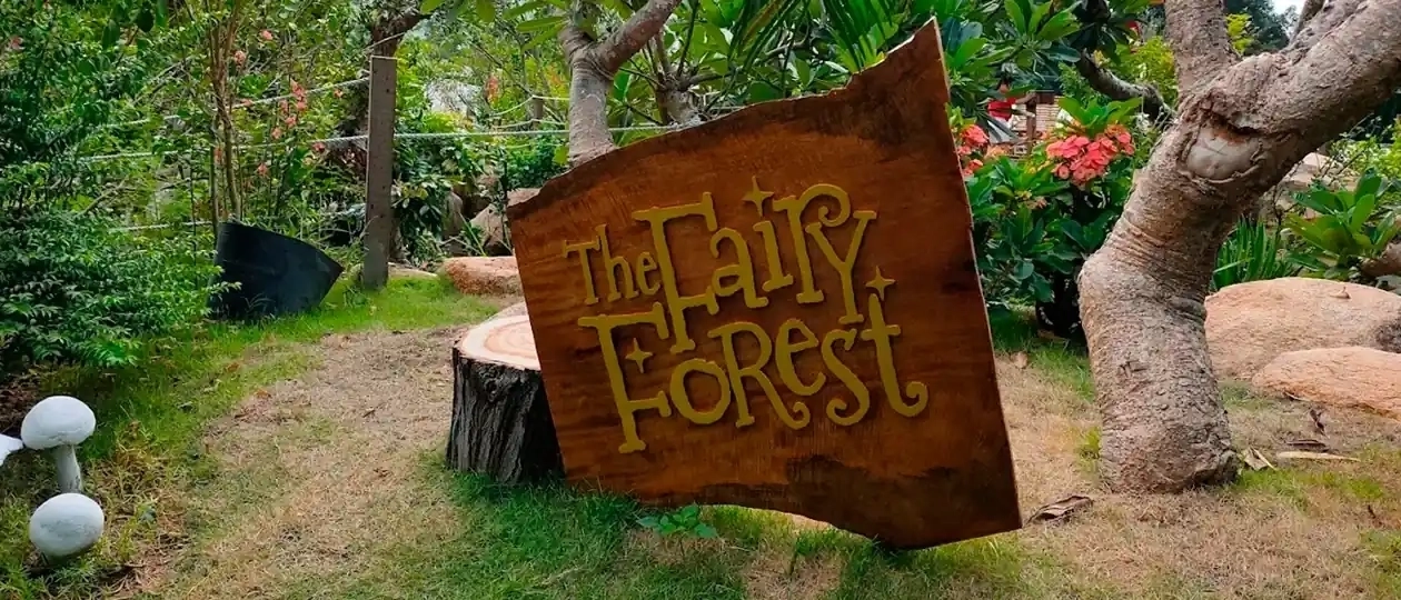 Деревянная табличка с надписью The Fairy Forest среди деревьев и зелени
