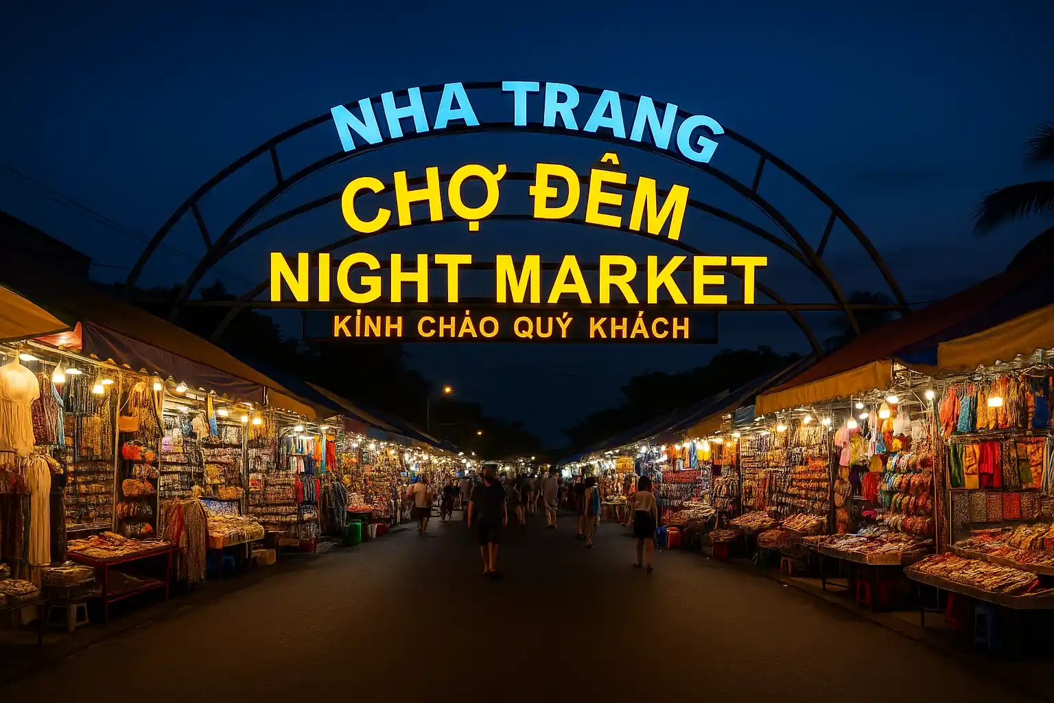 Вход в ночной рынок Нячанга (Nha Trang Night Market) с яркой подсветкой и торговыми рядами вечером