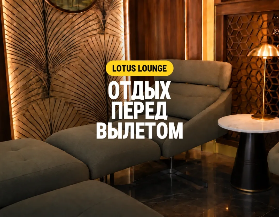 Обложка Lotus Lounge: кресла для отдыха и надпись «Отдых перед вылетом»