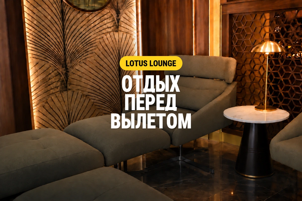Обложка Lotus Lounge: кресла для отдыха и надпись «Отдых перед вылетом»
